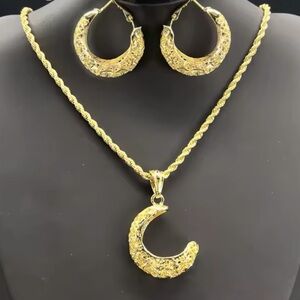 Small Gold Ornate Hollow Hoops & C Shape Necklace Set in Yellow Gold!